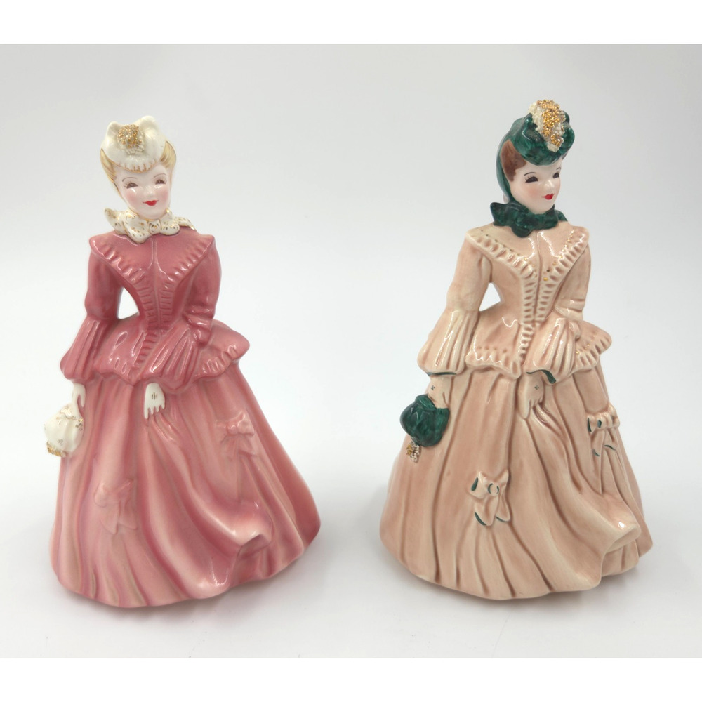 2 Florence Ceramics of Pasadena California Victorian Lady Figurine w Gold 8"